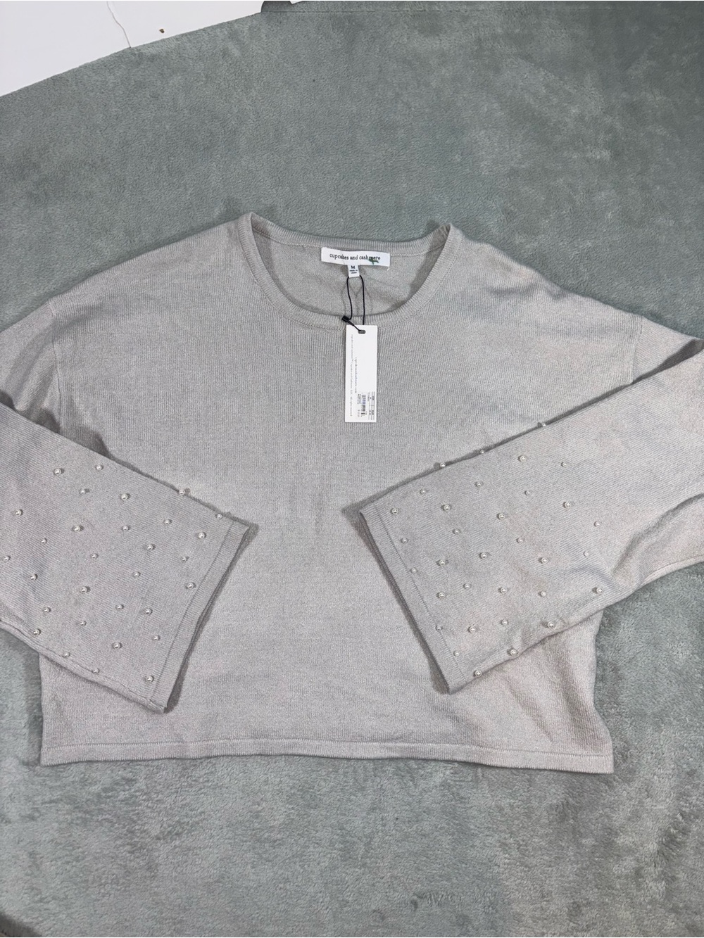 NWT Cupcakes and Cashmere Pearl Sleeve Gray Boxy Sweatshirt Top Medium